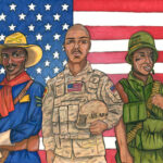 Illustration of 3 generations of Foundational Black American soldiers standing in front of the American flag. Entry of OKC Thunder Blacker Heritage art contest 2026 winner Jakobe F. aka MobFire