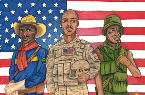 Illustration of 3 generations of Foundational Black American soldiers standing in front of the American flag. Entry of OKC Thunder Blacker Heritage art contest 2026 winner Jakobe F. aka MobFire
