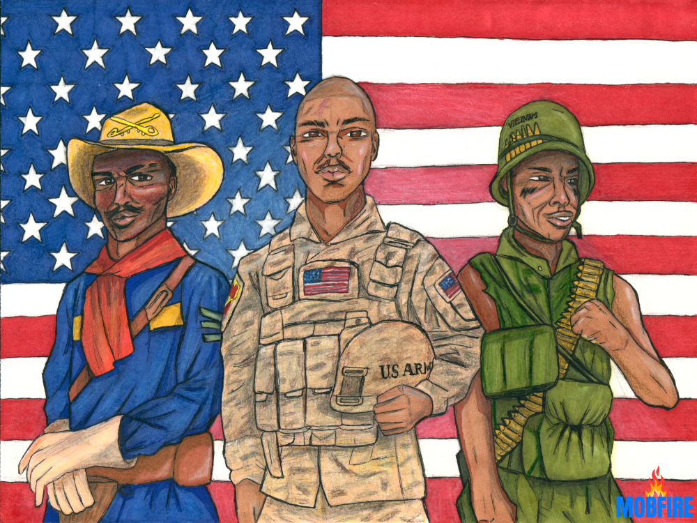 Illustration of 3 generations of Foundational Black American soldiers standing in front of the American flag. Entry of OKC Thunder Blacker Heritage art contest 2026 winner Jakobe F. aka MobFire